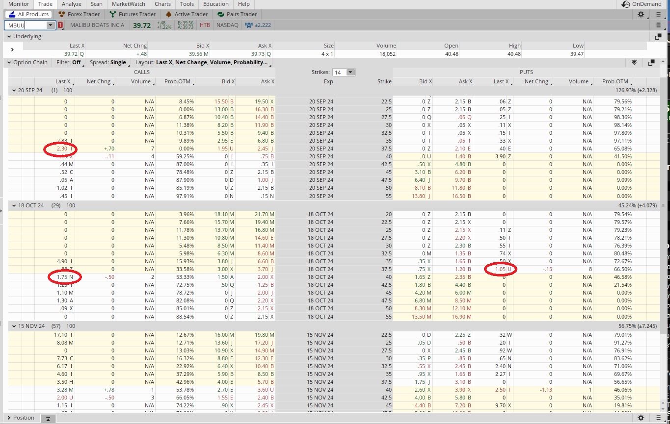 Option chain for an example of a profitable wheel option trade